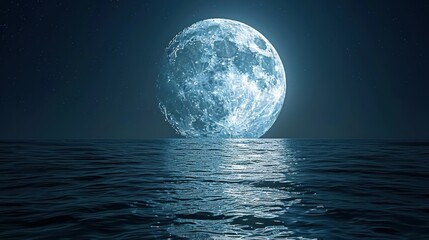 A large, bright moon is seen over a dark sea, reflecting the moon's light. The sky is a deep blue with a few stars scattered throughout.