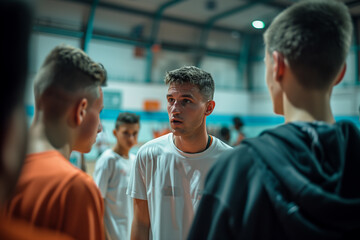 Obraz premium Coach Delivering Strategy Talk to Youth Basketball Team Indoors