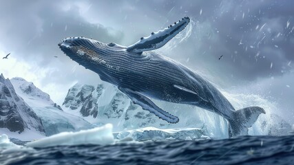 A powerful humpback whale from Antarctica is seen leaping gracefully out of the water, with an iceberg in the background.