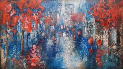 Oil painting of a city landscape in red and blue tones.