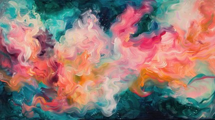 Abstract painting with swirling flowers in pink, orange and turquoise. The colors mix and mingle to create a dynamic and energetic feel. It seems that the picture was painted with thick strokes. - obrazy, fototapety, plakaty