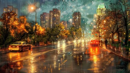 Rainy city street at night with cars, traffic lights and tall buildings. Street lights are lit, illuminating the scene. Raindrops fall from above, creating a sense of depth in the image.