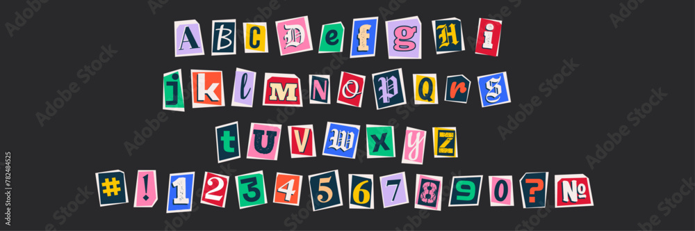 Fototapete cutout magazine and newspaper letters in ransom blackmail style. blackmail ransom anonymous font. to