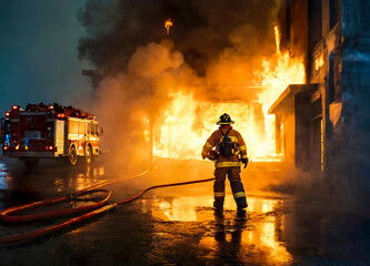 back, rear view of Firefighter works in burning building fireman on flame back view background.  American firefighter in full gear exploring huge fire zone. Fire fighter in front of burning building