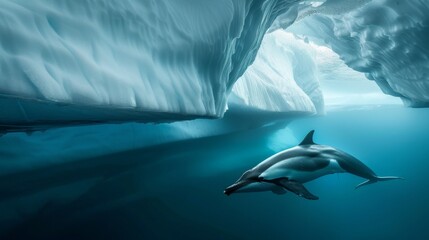A dolphin gracefully swims in the water near a massive iceberg in Antarctica. The scene captures the contrast between the sleek mammal and the icy giant.