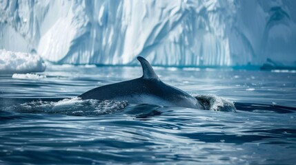 A dolphin gracefully swims through the icy waters near towering icebergs in Antarctica. The majestic creature navigates the frigid environment with ease.