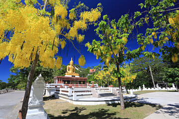 Big golden Buddha statue at Wat Thammikaram Worawihan Temple in Prachuap Khiri Khan, Thailand