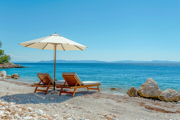 Two sun loungers and a white umbrella against a background of blue sky and ocean. - obrazy, fototapety, plakaty