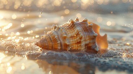 A shell is on the wet sand, and there are bubbles in the water. The sun is shining on the scene, creating a glare.