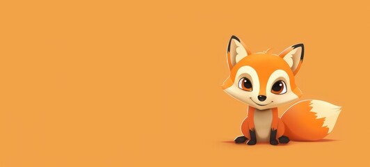 Cute baby fox cartoon character isolated on an orange color banner background with copy space area
