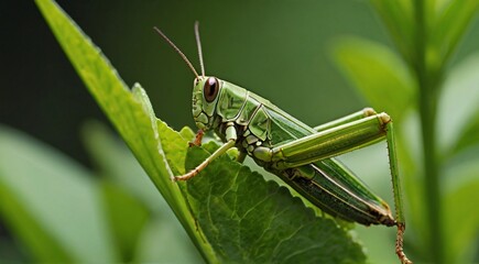 Fototapeta premium A grasshopper perched on a leafy plant, showcasing its vibrant green color and delicate features.