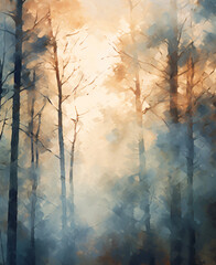dense forest scene where the silhouettes of bare trees are shrouded in mist