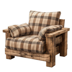 Rustic wooden armchair with a comfortable brown and beige checkered cushion and backrest