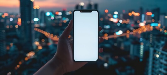 Hand holding smart phone with clean white blank screen mockup with city skyline defocused background for technology and app concepts - obrazy, fototapety, plakaty