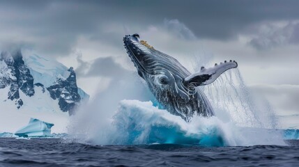 A humpback whale in Antarctica breaches out of the water, showcasing its immense size and power as it propels itself through the air above the icy waters.