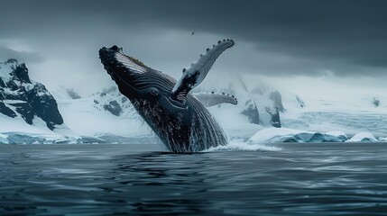 A humpback whale is seen breaching out of the water in Antarctica, with an iceberg in the background. The majestic creature exhibits great power and grace as it leaps in the air.