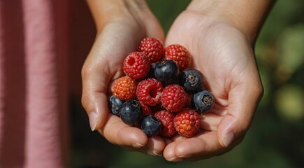 A person's hand holding a handful of berries, showcasing their vibrant colors and natural freshness.

 - obrazy, fototapety, plakaty