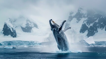 A humpback whale in Antarctica breaches out of the water, showcasing its massive body and remarkable strength in a surreal moment captured in nature.