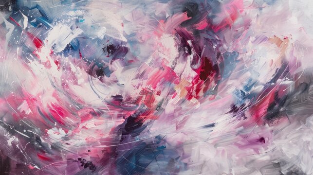 Abstract mixture of purple, pink, blue and white colors. The painting appears to be moving, its swirls and splashes creating a dynamic effect.