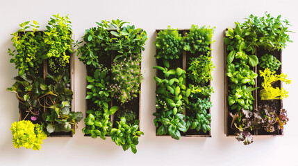 Top view of green plants in wooden boxes on white wall background