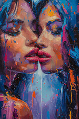close-up dual portrait of female faces, illustrated with vibrant, abstract acrylic paint splatters and textured brushstrokes
