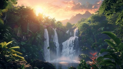 A painting showcasing an exotic waterfall in an Asian paradise, surrounded by dense jungle foliage. The waterfall cascades down rocky cliffs, creating a mesmerizing sight.