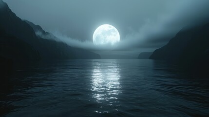 A full moon is shining over a body of water with a mountain on the other side. The sky is dark and the water is calm. - obrazy, fototapety, plakaty