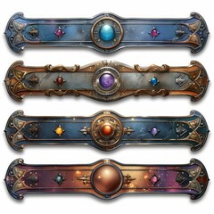 Set of metal frames in different colors. .Metallic title banners set for epic game design on white background