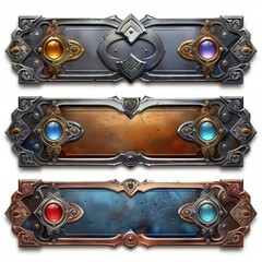 Set of metal frames in different colors. .Metallic title banners set for epic game design on white background