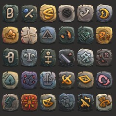 Set of game stone icons. Zodiac signs, astrological symbols on stone set.