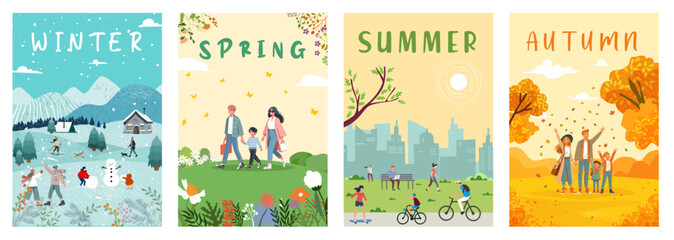 Fototapeta premium Set of posters for spring, summer, autumn and winter. Illustrations with people and seasonal outdoor activities.