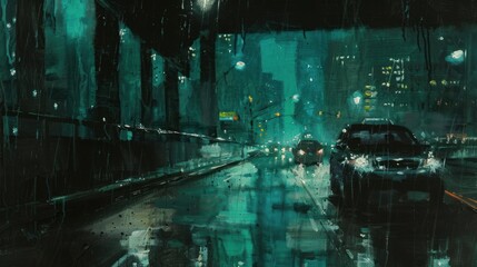 A painting of cars on a wet city street at night. The streetlights and car headlights create a green glow.