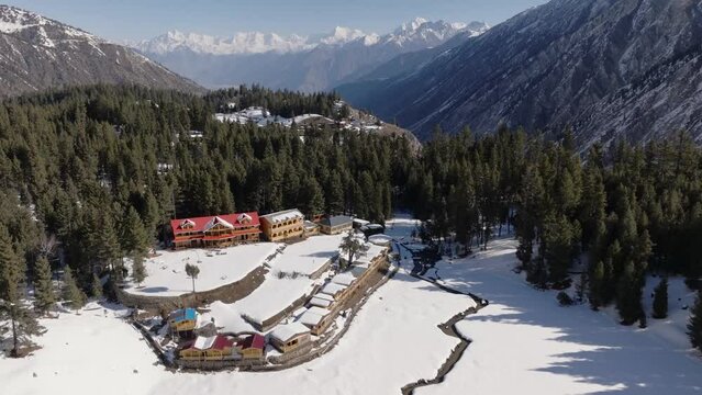 Fairy Meadows at Winter Aewrial Drone Shot. Resort Area near to Nanga Parbat in Gilgit Baltistan, Pakistan.