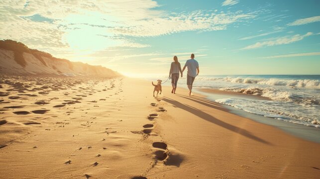 A man and a woman are taking a stroll along the sandy beach with their dog. The couple appears happy as they enjoy the sunny day, with the dog walking alongside them.