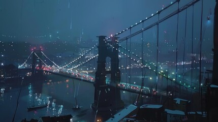 A suspension bridge occupies the entire width of the image, with a river flowing underneath it. The bridge is lit with many lights, including garlands along the cables. - obrazy, fototapety, plakaty