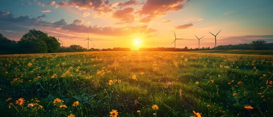 Fototapeta premium Sustainable Future: Wind Energy at Sunset. Concept Renewable Energy, Wind Turbines, Sunset Shots, Eco-Friendly Practices