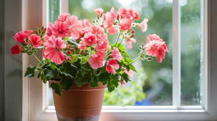 Fototapeta na wymiar A bright geranium plant blooms in a pot on the windowsill. It adds a touch of nature and beauty to the indoors.