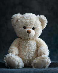 White plush teddy bear against black background creating a strong contrast