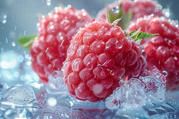 Close up of seedless Boysenberry and Olallieberry raspberries in ice on a table