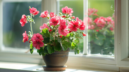 A bright geranium plant blooms in a pot on the windowsill. It adds a touch of nature and beauty to the indoors.