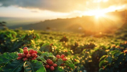 Bright morning sun shines over coffee plantation or farm. Red raw berries on small shrubs in foreground. Generative AI - obrazy, fototapety, plakaty