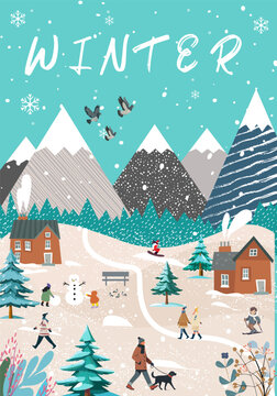 Vector illustration of the winter season. Poster with people and seasonal outdoor activity.