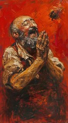 An old man with a beard in an apron. Places hands together as if in prayer or concentration. On a dark red background.