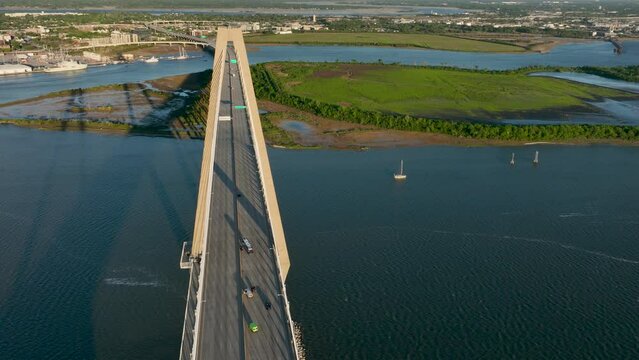 The Arthur Ravenel Jr. Bridge over the Cooper River during sunrise.