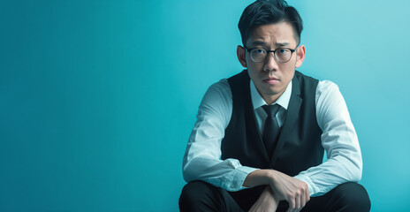Exhausted tired businessman, Asian man in formal clothes sitting on ground looking tired and unhappy. Studio photo, copy space side. Burnout at workplace concept. Generative AI