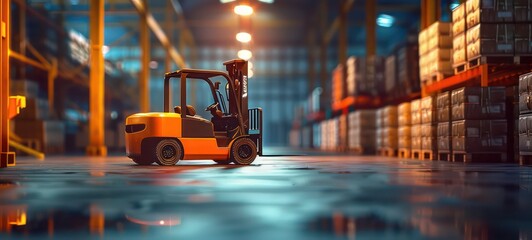 Concept of warehouse. The forklift between rows in the big warehouse. 3d illustration