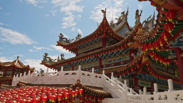 The spiritual Thean Hou Temple with Chinese New Year red lanterns lining the building, Kuala Lumpur, Malaysia