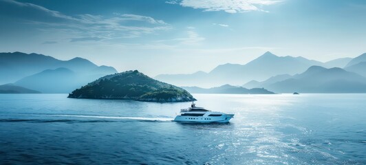 Luxury yacht sailing in the middle of the sea beside an island and mountains in the horizon as wide banner with copy space area for text - obrazy, fototapety, plakaty
