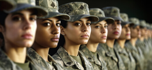 Group of women in military digital camouflage uniforms standing at army ceremony or presentation. Generative AI