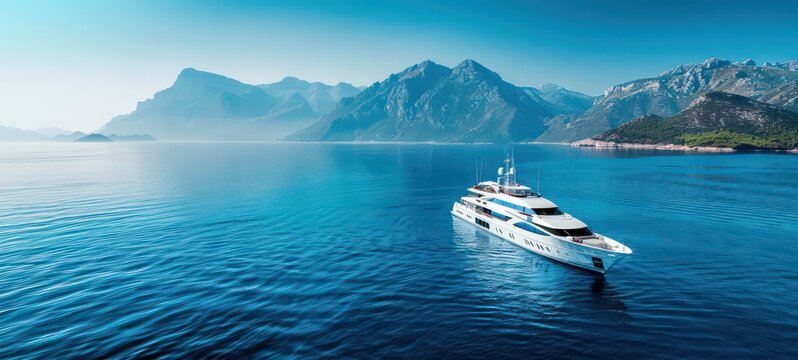 Luxury yacht sailing in the middle of the sea beside an island and mountains in the horizon as wide banner with copy space area for text